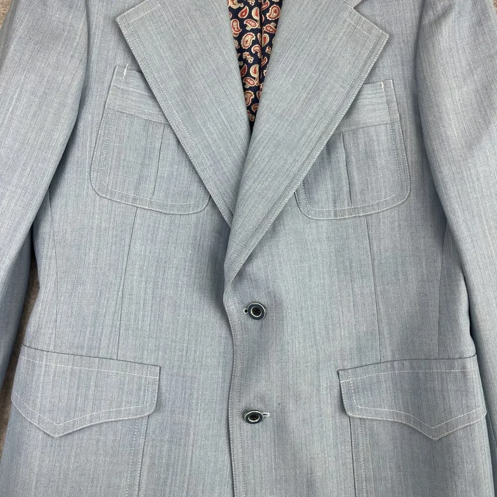 VTG Mancillas‎ Blazer Sport Coat Mens 41L Blue Herringbone Disco Retro Western